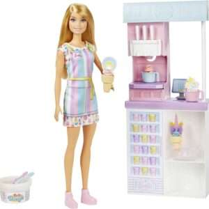 Barbie Ice Cream Shop Playset with 12 in Blonde Doll, Ice Cream Making Feature, 2 Dough Containers, 2 Bowls, 2 Cones, 3 Decorative Toppers, 2 Spoons & Register, Great Gift for Ages 3 Years Old & Up