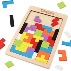 Coogam Wooden Blocks Puzzle Brain Teasers Toy Tangram Jigsaw Intelligence Colorful 3D Russian Blocks Game STEM Montessori Educational Gift for Kids (40 Pcs)