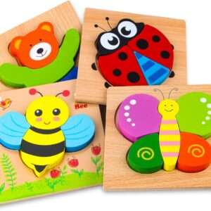 SKYFIELD Wooden Animal Puzzles for Toddlers 1 2 3 Years Old, Boys & Girls Educational Toys Gift with 4 Animal Patterns, Bright Vibrant Color Shapes, Customize Gift Box Ready